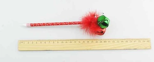 Détail d'un stylo de Noël de 21 cm avec pois blancs rouges et cloches métalliques