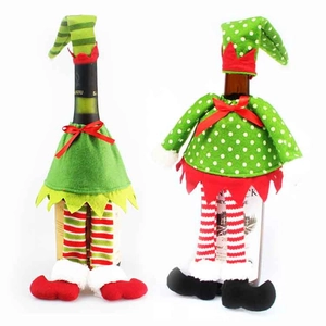 Christmas Elf Wine Bottle Cover Non-woven Fabric Skirt Hat Set For Festive Party Table Decoration Red Green Stripes Polka Dots Ornament