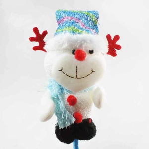 Detailed view of Christmas plush snowman reindeer figurine with striped hat and blue scarf