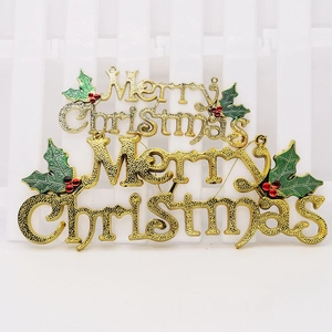 Golden Merry Christmas sign ornaments with festive red berries for tree decoration