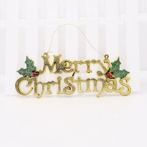 Golden Merry Christmas sign ornament with holly leaves and red berries for tree decor
