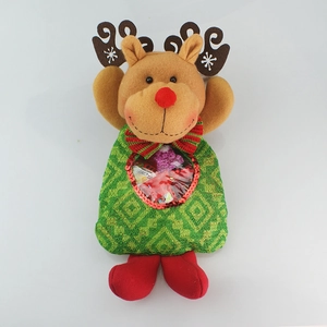 Plush reindeer Christmas gift bag with clear heart window and green lace fabric