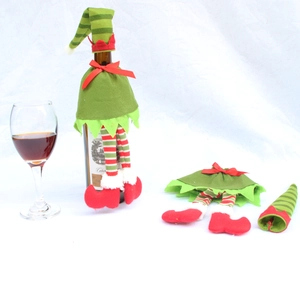 Detailed view of elf themed Christmas wine bottle cover with striped hat and green tunic