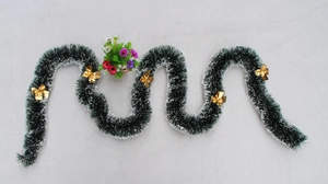 2-meter dark green Christmas tinsel garland with white edges and gold bows decor