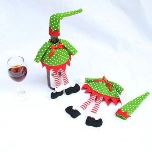 Christmas elf wine bottle cover set with green felt pointy hat and suit with long legs