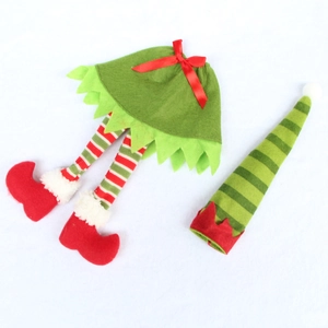 Detail of Christmas elf wine bottle cover with felt skirt and striped pointed hat