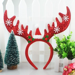 Christmas Sequin Antler Headband With Mini Santa Hat Snowflake Pattern Holiday Hair Hoop For Adult Kids Party Decor