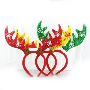 Christmas reindeer antler headbands with sequins in red, yellow and green colors