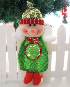 Detail of snowman gift bag with green geometric fabric and transparent belly window