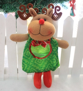 Detail of Christmas reindeer candy bag with transparent window and plush antlers