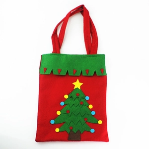 Red felt Christmas gift bag featuring a green collar and decorated felt Christmas tree