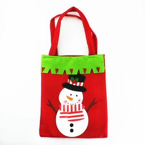 Christmas gift bag featuring a snowman design in red and green felt with double handles
