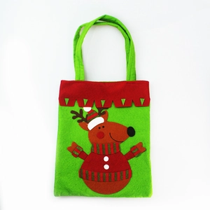 Green felt Christmas reindeer gift bag with handles and red festive trim design
