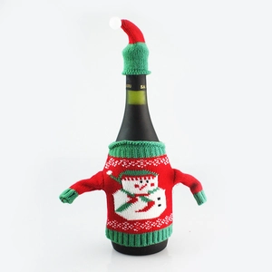 Knitted Christmas wine bottle cover with snowman sweater and matching festive beanie hat
