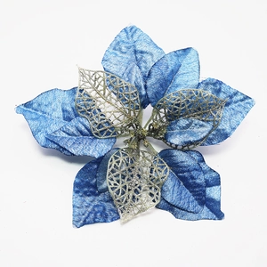 Fiore di Natale blu glitterato a tre strati da 21cm per decorazione dell'albero artificiale