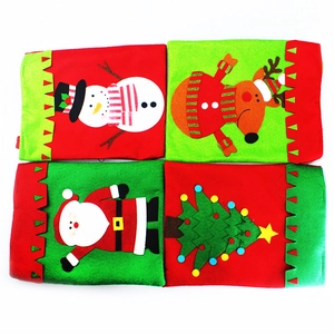 Detailed grid view of four Christmas felt gift bags featuring Santa, Deer, and Snowman