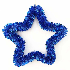 Blue tinsel star wreath 35cm hanging decoration for Christmas parties and home decor