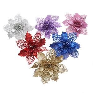 Fleurs de Noël Artificielles à Paillettes Poinsettia Design Creux à Trois Couches Ornement Floral pour Décoration de Sapin de Noël Fête Maison