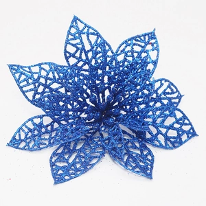 Fleur de poinsettia artificielle bleu foncé à paillettes pour décoration de sapin