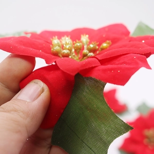 Red velvet artificial poinsettia flower with golden glitter for Christmas tree decor