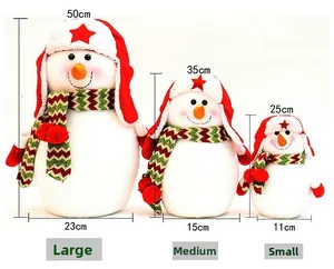 Size guide for snowman plush dolls in large 50cm, medium 35cm, and small 25cm heights