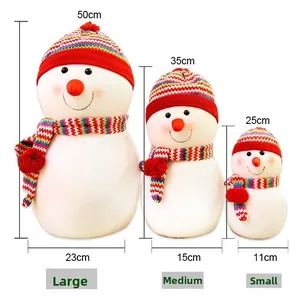 Size comparison chart for Christmas snowman plush toys in large medium and small dimensions