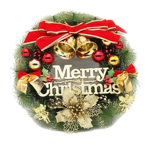 Couronne de Noël 40cm avec nœud rouge, cloches dorées et inscription Joyeux Noël déco
