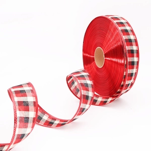 5cm Red Christmas ribbon with festive plaid edges for gift wrapping and holiday decor
