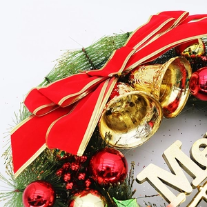 Couronne de Noël 40cm avec nœud en velours rouge, cloches dorées et inscription festive