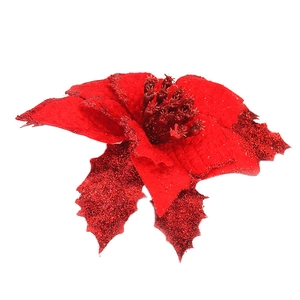 Detailed view of red artificial poinsettia with glitter petals for Christmas decor
