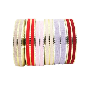 5cm Christmas burlap ribbon with gold metallic stripes for festive gift wrapping