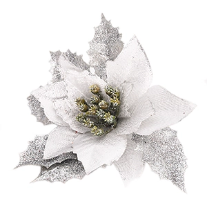 Macro detail of 15cm silver artificial poinsettia with glitter texture and gold stamen