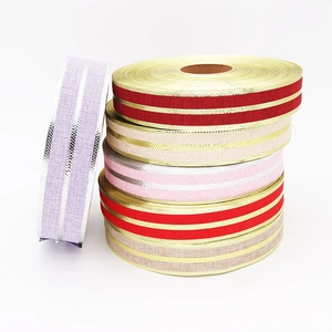 Linen Christmas ribbon set with gold stripes for gift wrapping and wedding decor