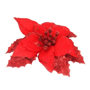 Close-up of red glitter poinsettia flower with sparkling edges for Christmas decoration