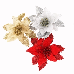 Detailed view of red, gold, and silver glitter artificial poinsettia Christmas flowers