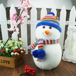 Close-up of plush Christmas snowman ornament with striped hat and cozy knit scarf