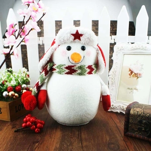Detailed plush Christmas snowman with red star hat and striped scarf decoration