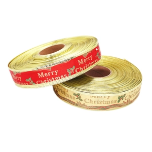 Red and gold Merry Christmas printed ribbons with gold edges for holiday tree decoration