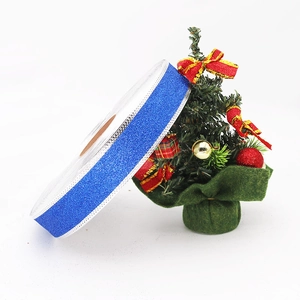 Blue glitter ribbon roll with white edges for Christmas tree decor and gift wrapping