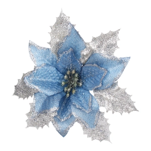Blue and silver artificial Christmas poinsettia with glitter petals for holiday tree decor