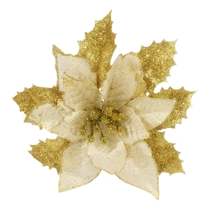 15cm gold artificial poinsettia flower with glitter sequins for Christmas tree decoration