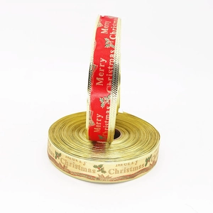 Red and gold Merry Christmas printed ribbons with serrated edges for festive decoration