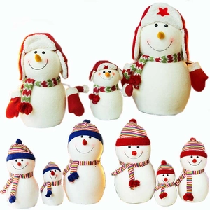 Plush Christmas snowman set with red trapper hats and colorful scarves in various sizes