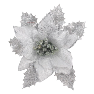 Silver 15cm Christmas poinsettia flower with glitter petals and green stamens on white background