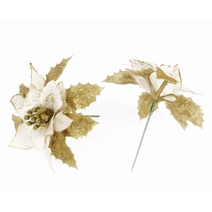 Detailed view of 15cm gold artificial Christmas flower with glitter texture and stem