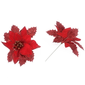 Detail of red poinsettia flower with glitter petals for Christmas tree decoration