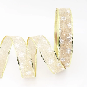 Beige faux linen Christmas ribbon with white snowflake print and golden wired edges