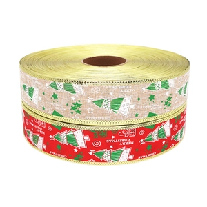 Weihnachtliche Leinenbänder mit Tannenbaumdruck und goldenen Drahtkanten in Rot und Beige