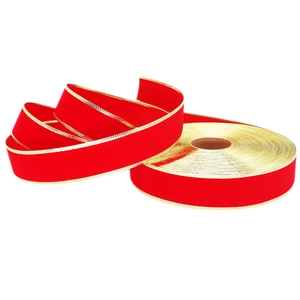 Red velvet Christmas ribbon with gold wired edges for gift wrapping and tree decor