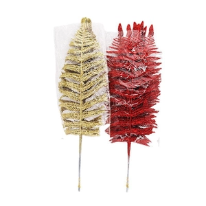 45cm Christmas glitter artificial fern leaves in gold and red for festive tree decoration